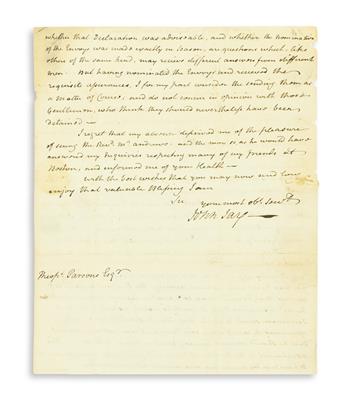 JAY, JOHN. Autograph Letter Signed, as Governor, to Theophilus Parsons,